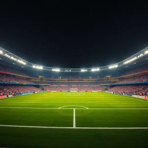 Exciting football stadium under bright lights at night.