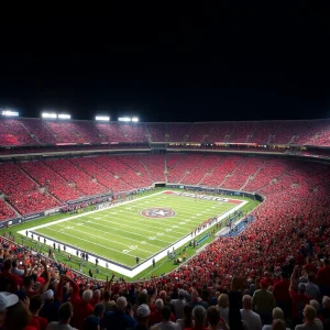 College football stadium filled with cheering fans under lights.