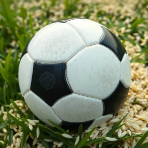 Close-up of a football with rice grains scattered around.