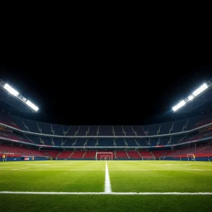 Stadium lights shining on an empty football field.