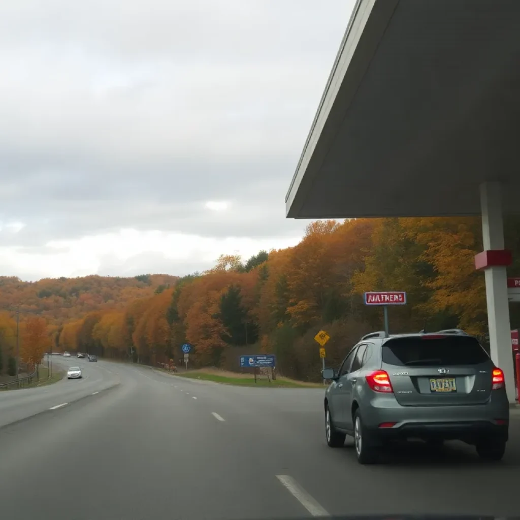 Thanksgiving road trip with gas station and autumn scenery.