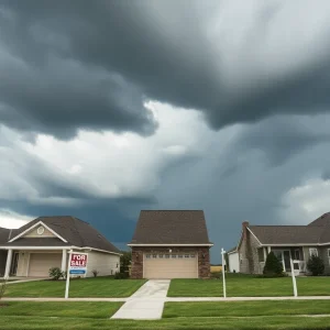 Empty homes with "For Sale" signs and storm clouds.