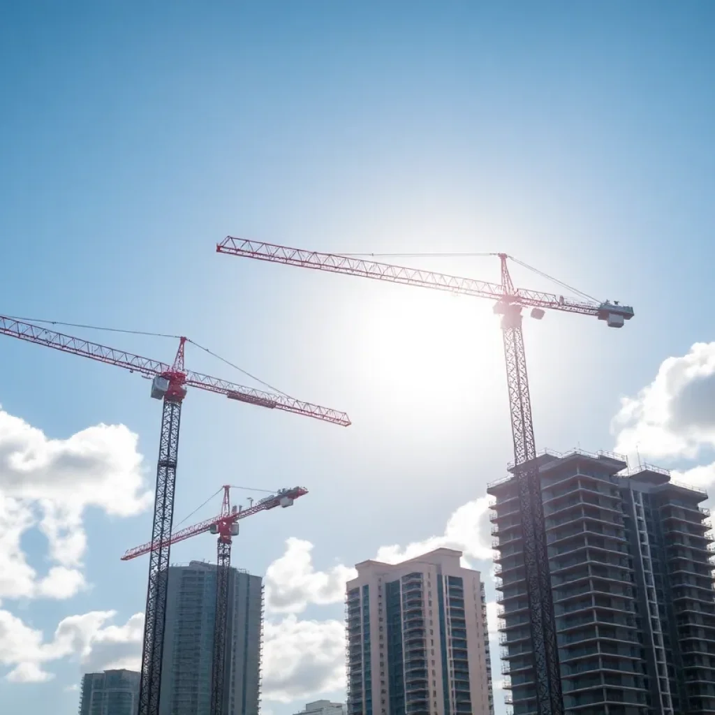 Construction cranes with skyline in bright South Florida sunlight.