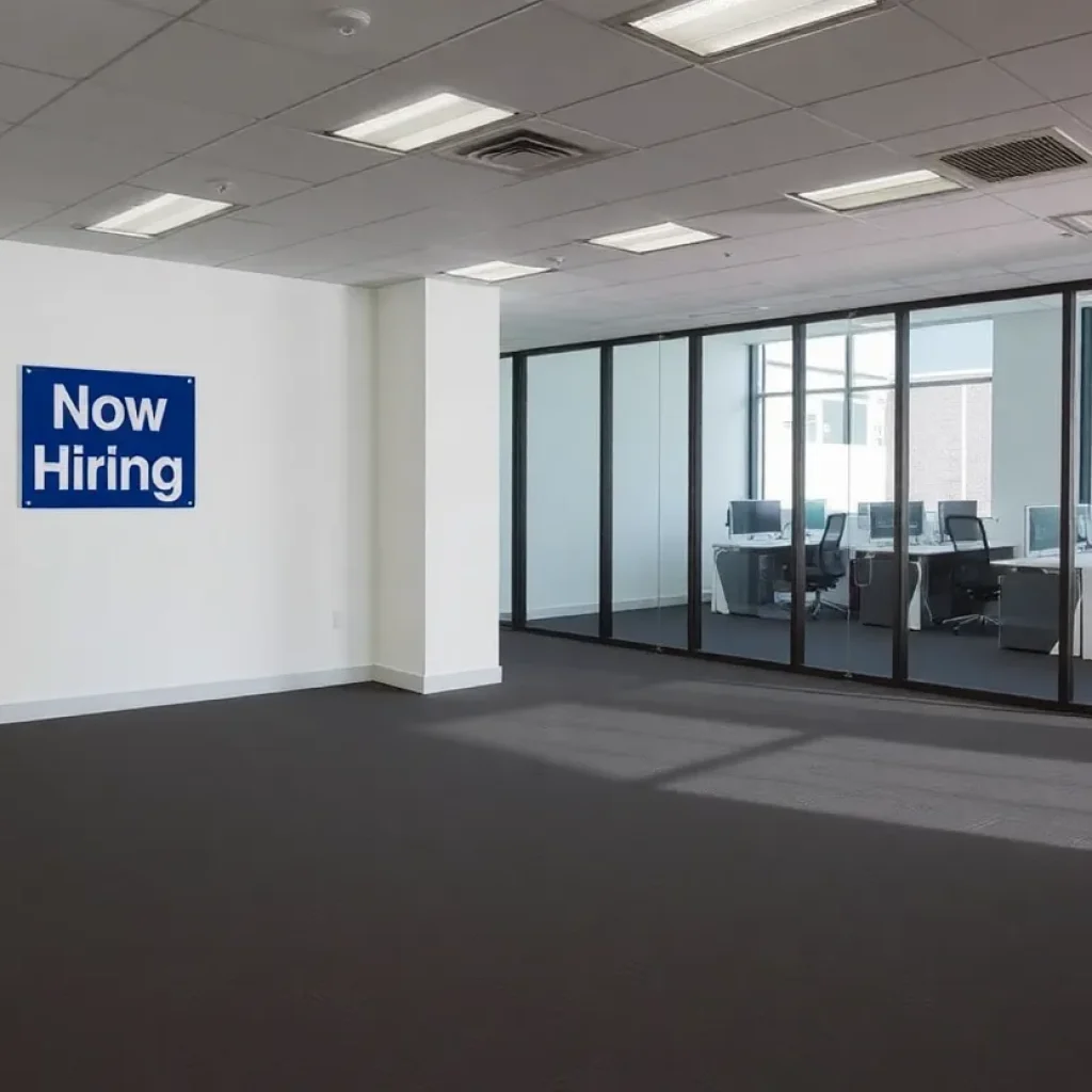 Empty office space with "Now Hiring" sign visible.