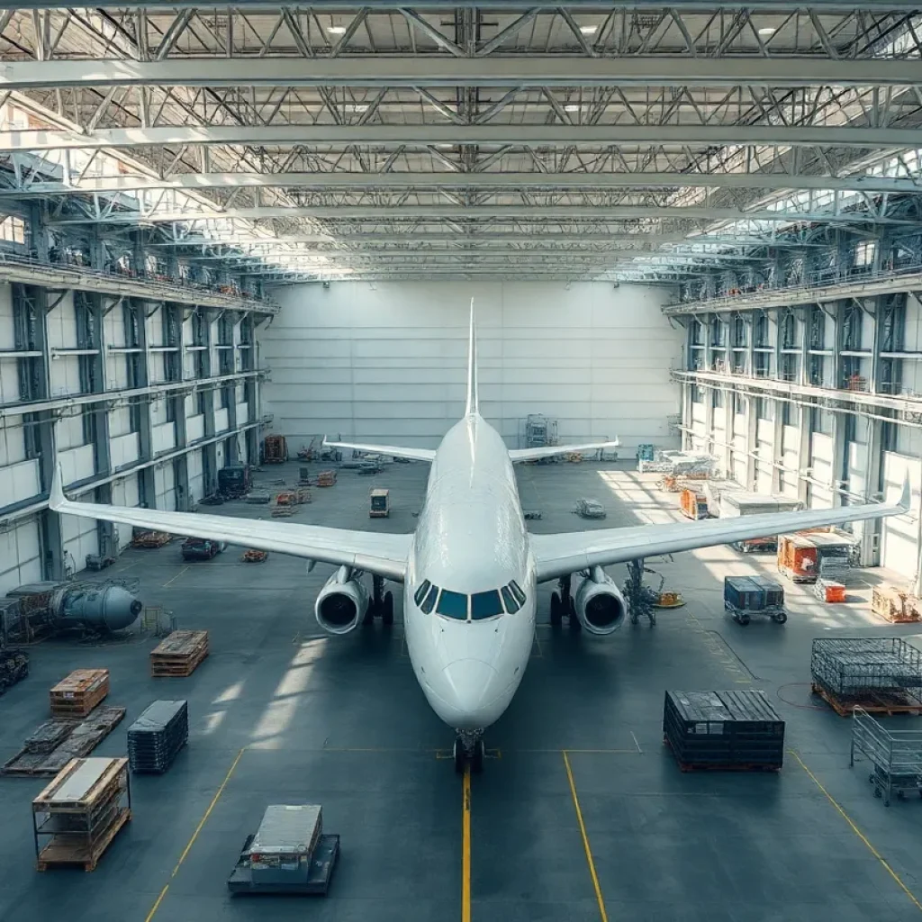 Aerial view of an empty aerospace manufacturing facility.