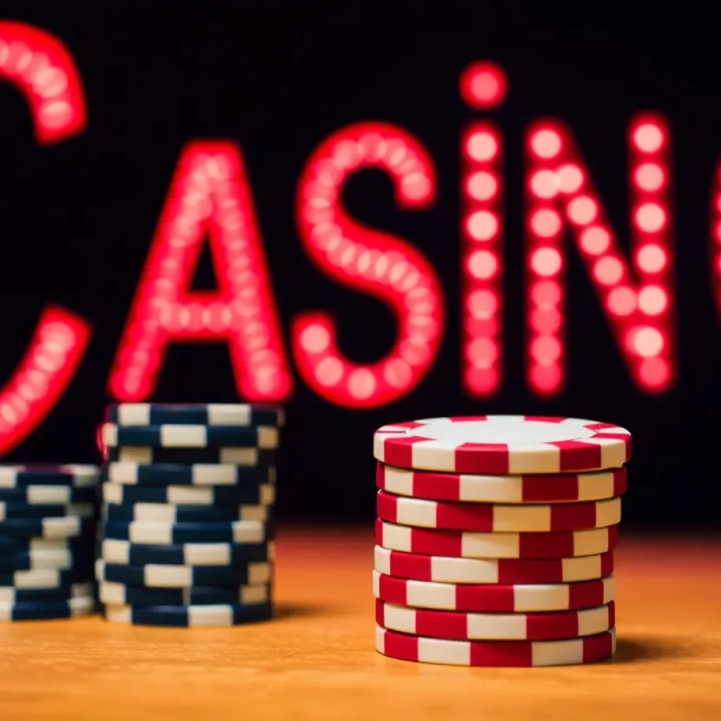 Stacked poker chips beside a neon casino sign.