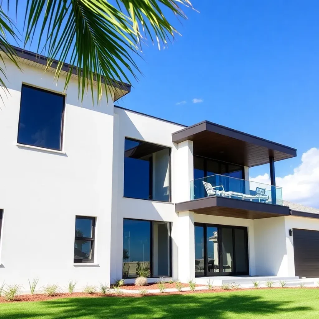 Modern home construction with a sunny Florida backdrop.