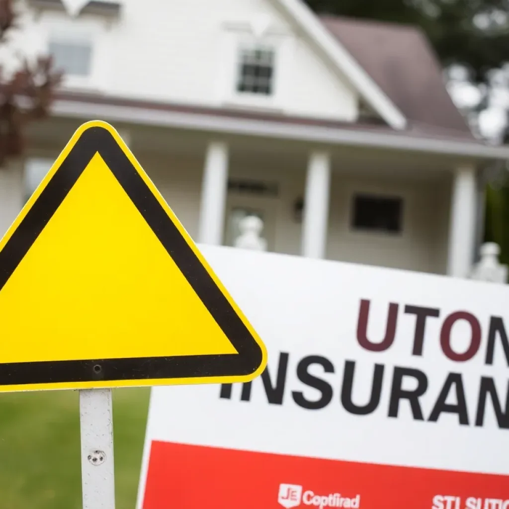 A caution sign in front of a house insurance policy.