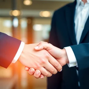 Business handshake symbolizing partnership and growth in finance.