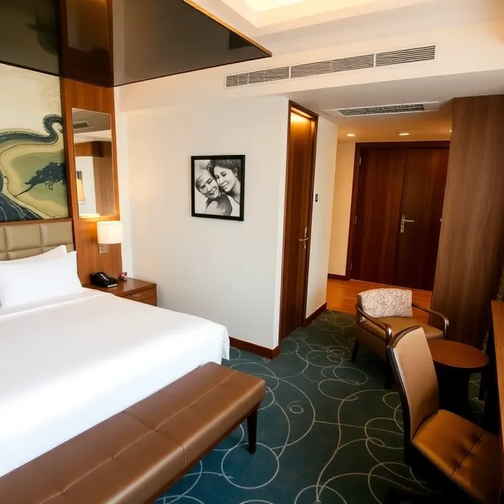 Luxurious hotel suite with modern amenities and welcoming decor.