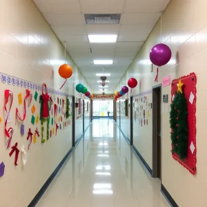 Colorful holiday decorations in a school hallway.