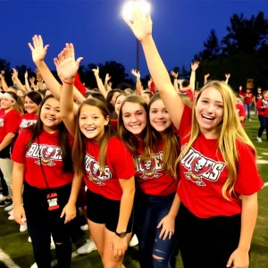 Cheerful students in Buccaneers gear at a pep rally.