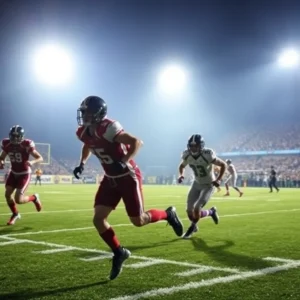 Exciting football action under bright stadium lights.