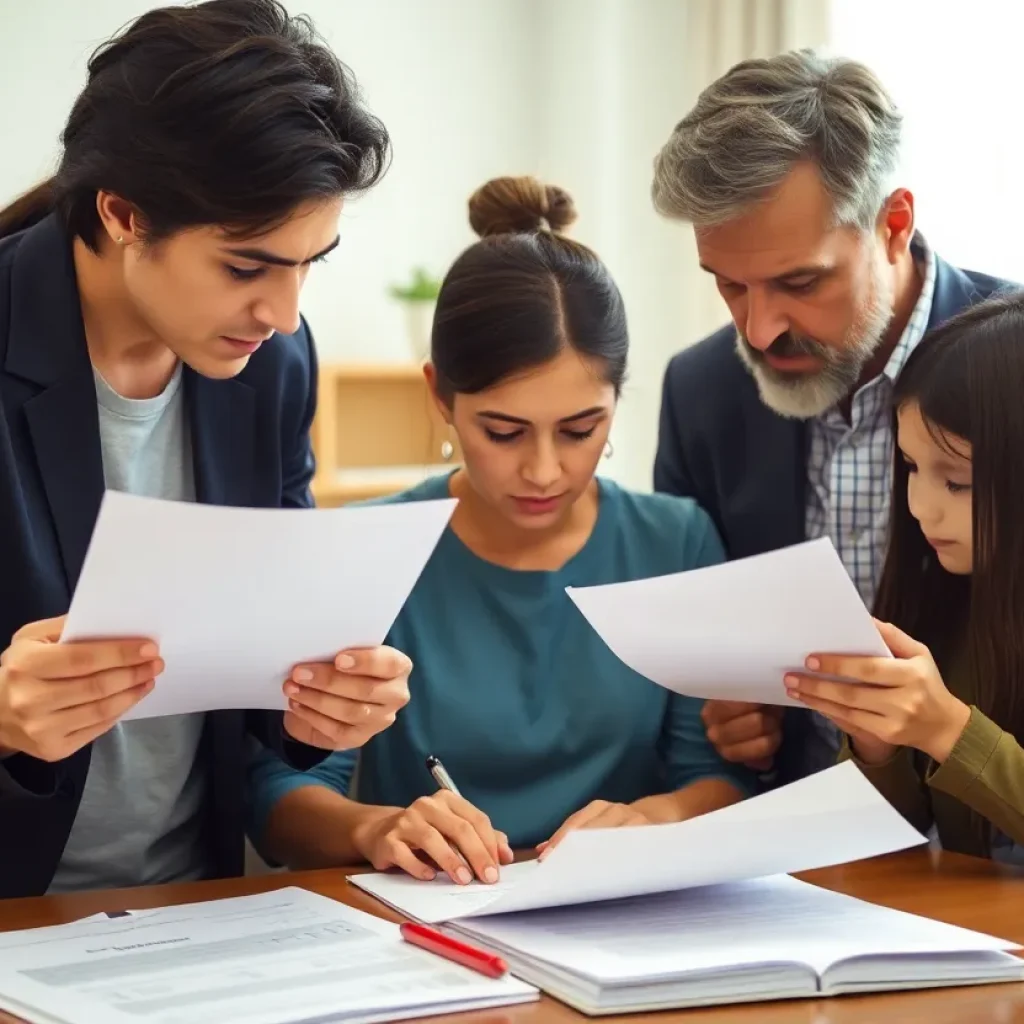 Healthcare policy documents with worried families in background.