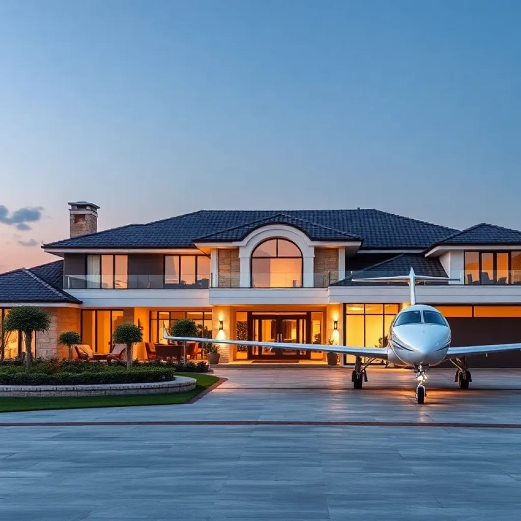 Luxury home with private jet in the background.