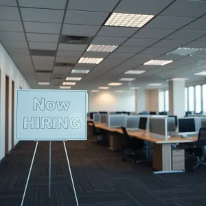 Empty office space with "Now Hiring" sign prominently displayed.