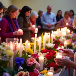 Community gathering in remembrance, candles and flowers.