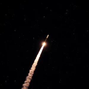 Satellite constellation launching against a starry sky backdrop.