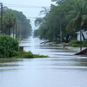 Flooded streets with debris and downed trees in Florida.