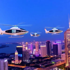 Futuristic air taxis above a vibrant Florida skyline.