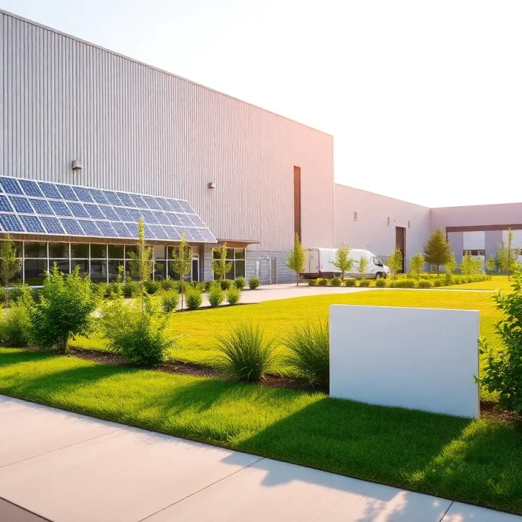 Modern manufacturing facility with solar panels and green landscaping.