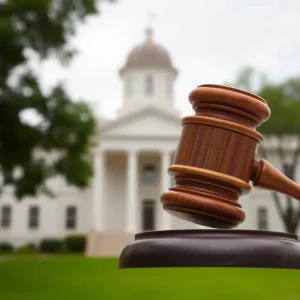 A gavel overlaying a blurred courthouse background.