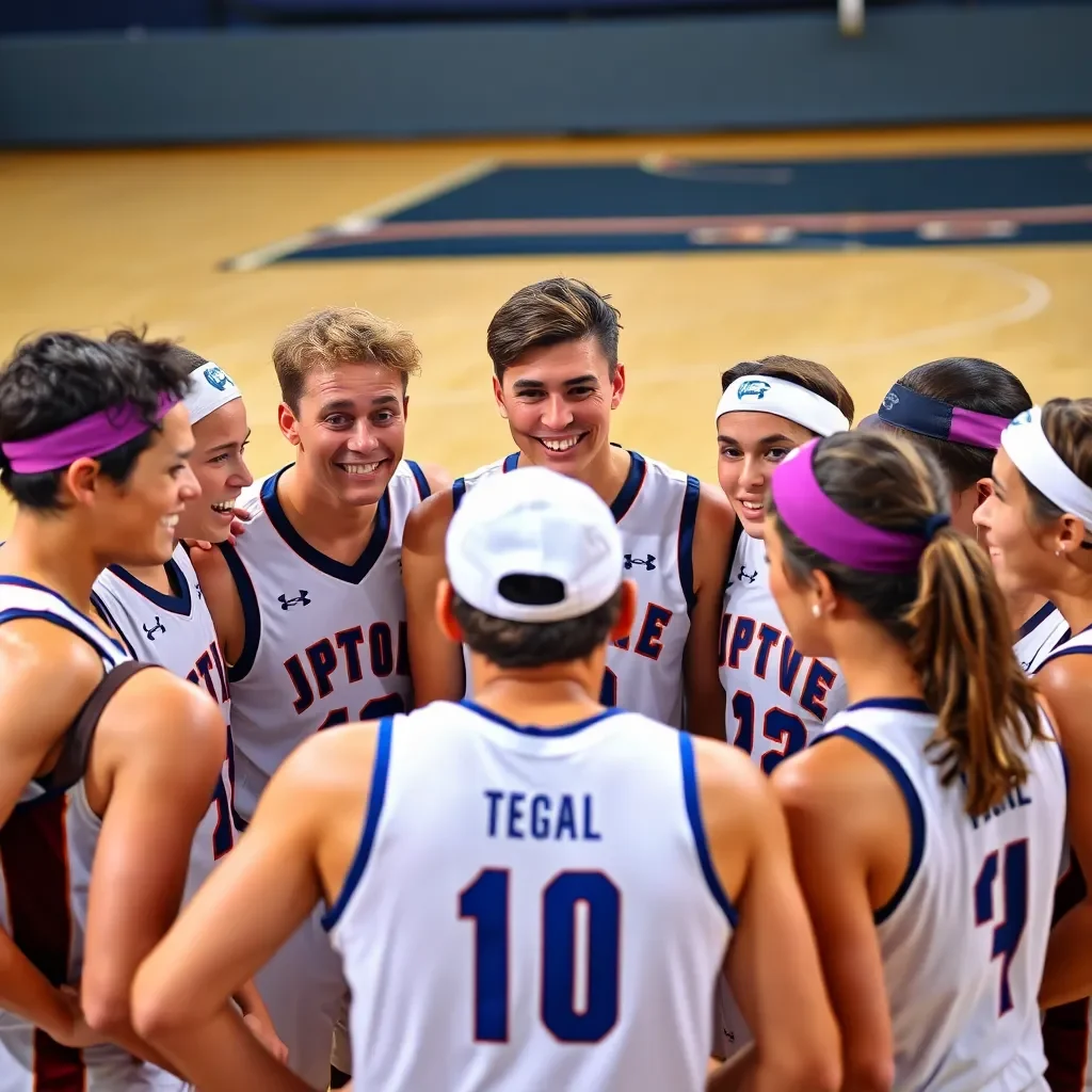 Team huddle with focused expressions and basketball gear.