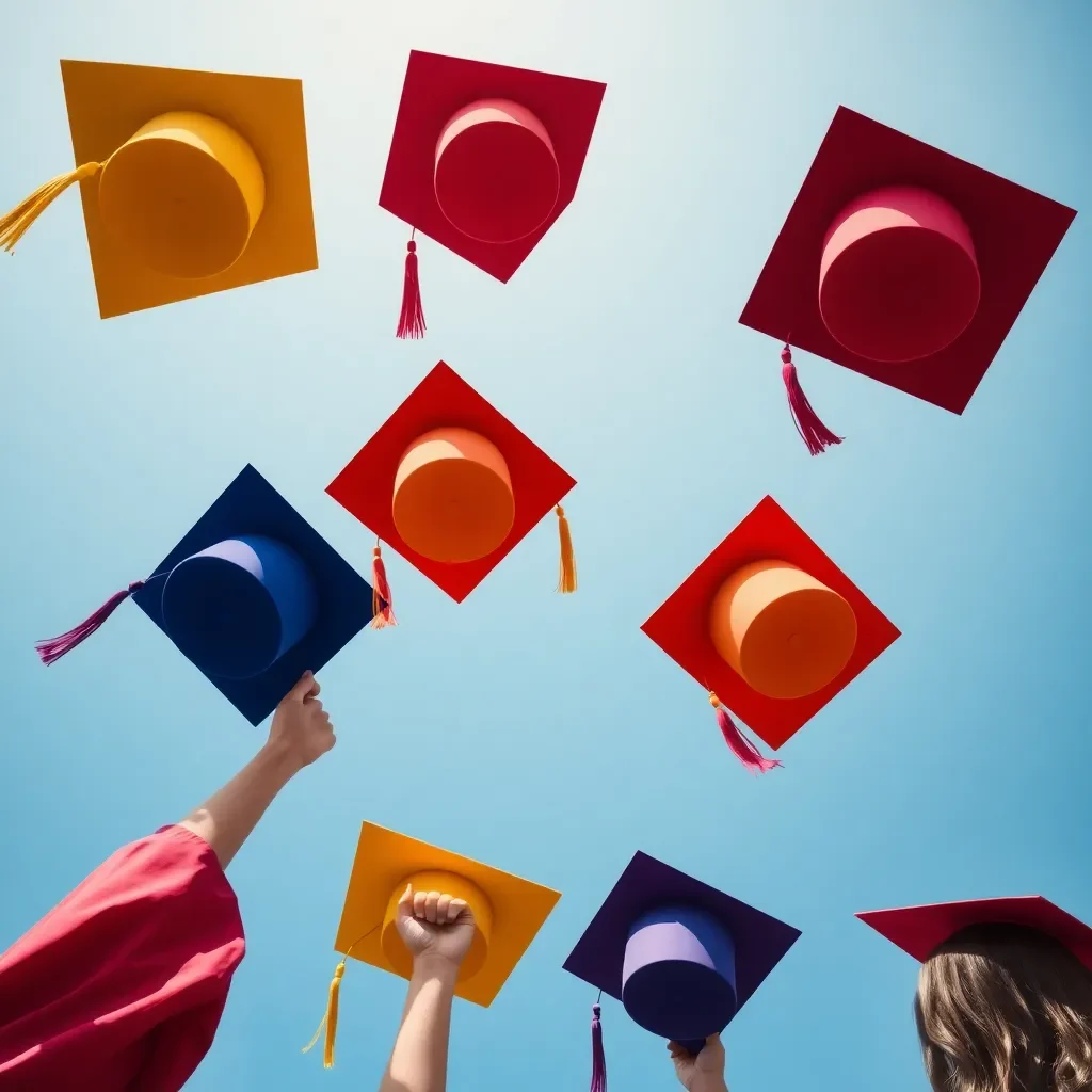 Colorful graduation caps launched into a blue sky.