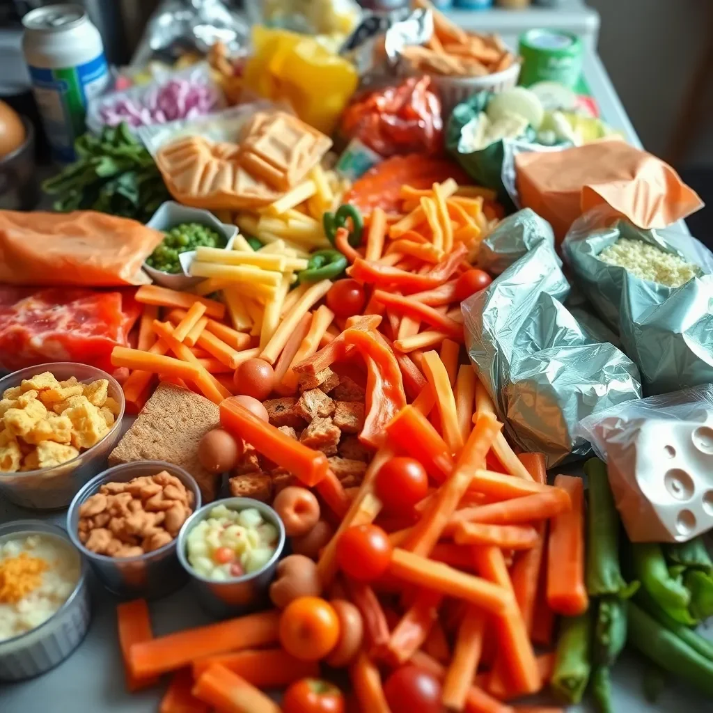 Colorful array of ultra-processed foods on a table.