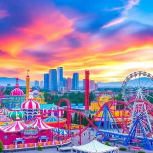 Vibrant amusement park skyline with colorful roller coasters.