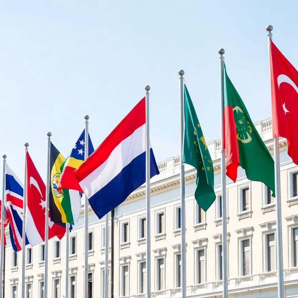 Flags at government buildings with neutral backgrounds.