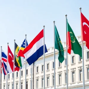 Flags at government buildings with neutral backgrounds.