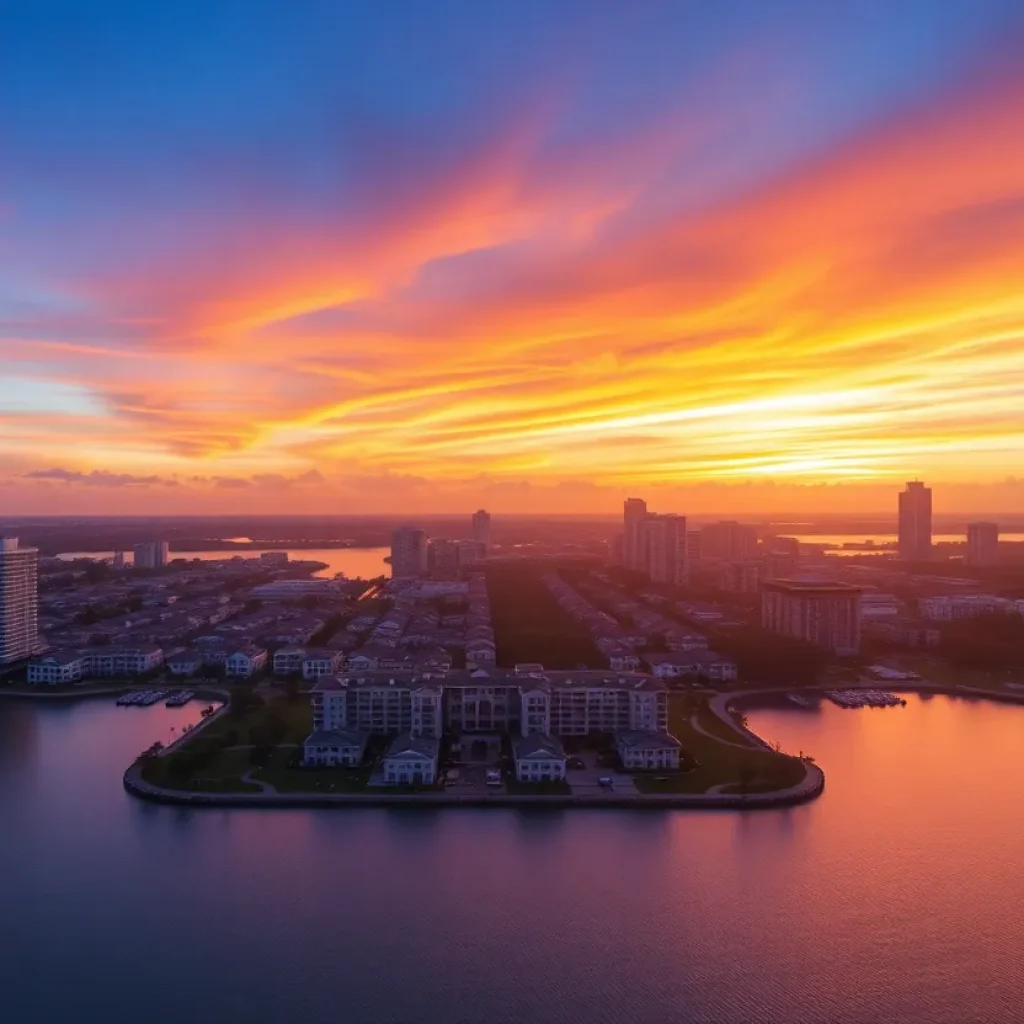 Skyline with vibrant sunrise over Florida real estate development.