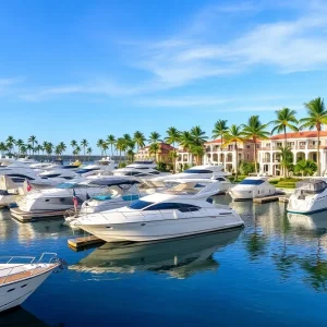 Luxurious private marina with upscale yachts and palm trees.