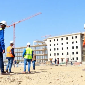 Construction workers collaborating on large-scale development project.