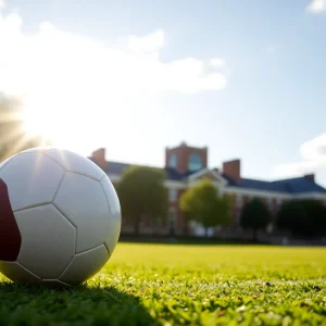 Football gear and university campus with sunny backdrop.