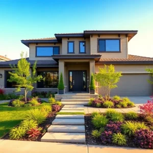 Modern home exterior with vibrant landscaping and clear skies.