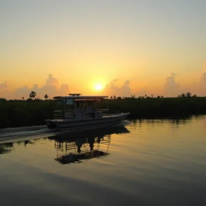 Airboat navigating through tranquil Everglades waters at sunset.