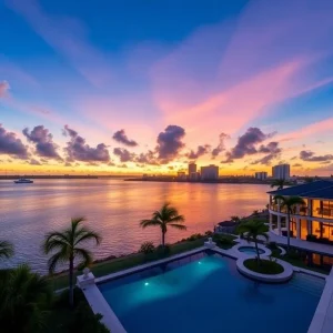 Luxurious mansion overlooking Fort Lauderdale waterfront at sunset.