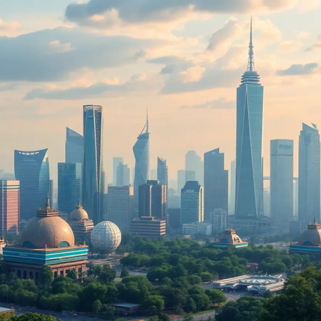 Dynamic city skyline with futuristic elements and greenery.