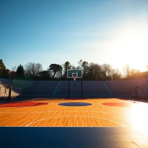 Basketball court with empty bleachers at sunset.