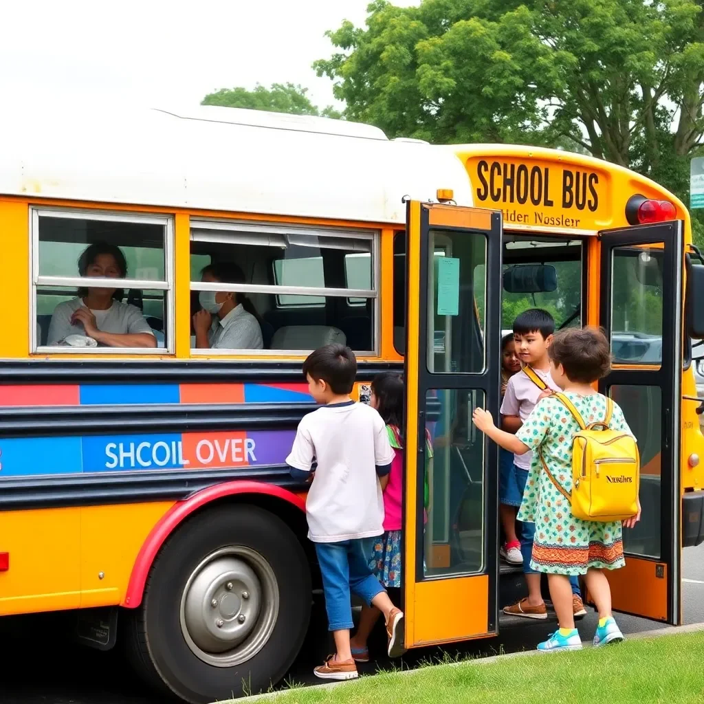 Colorful school bus stopping with children boarding safely.