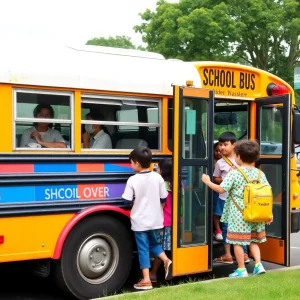 Colorful school bus stopping with children boarding safely.