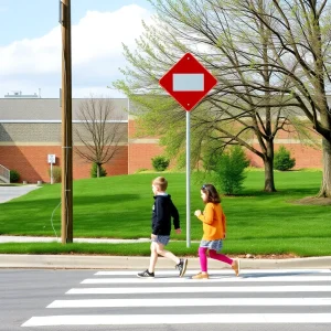 Children crossing a crosswalk near a school.