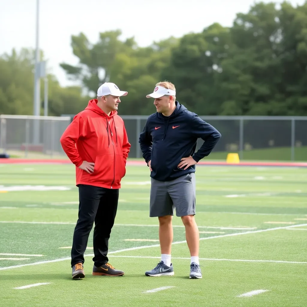 Coaches strategizing together on a sports field.