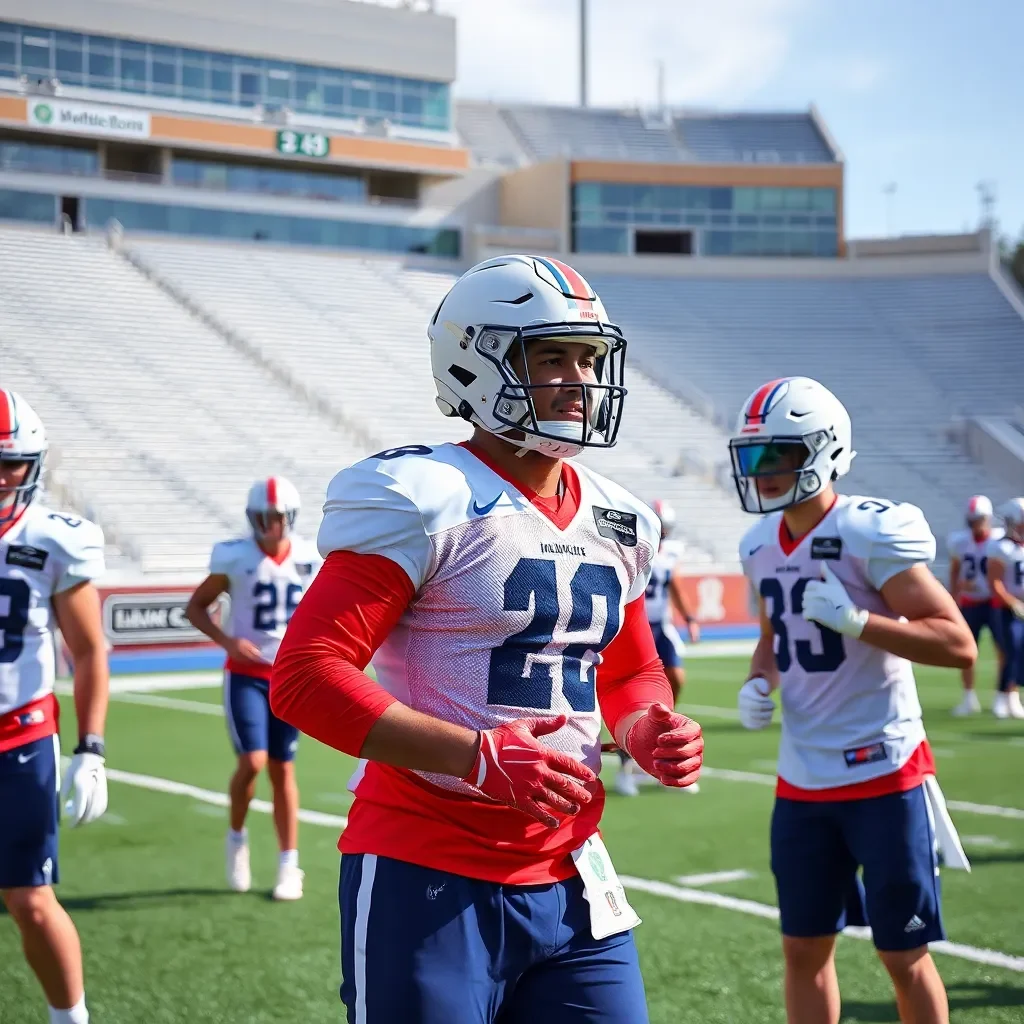 Football players practicing with new gear in a stadium.