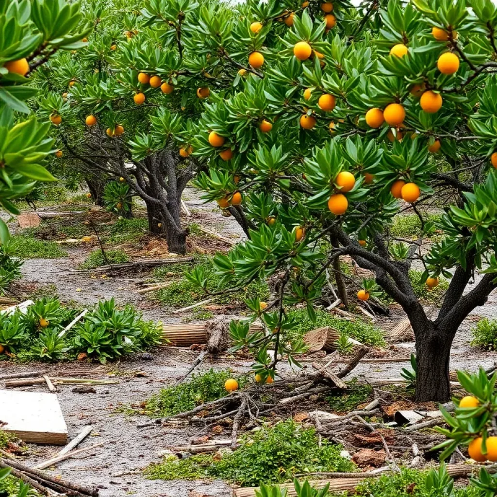 Devastated citrus groves after hurricane winds and rain.