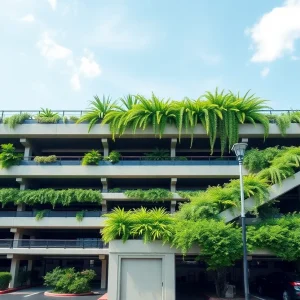 Modern parking garage with greenery and urban design features.