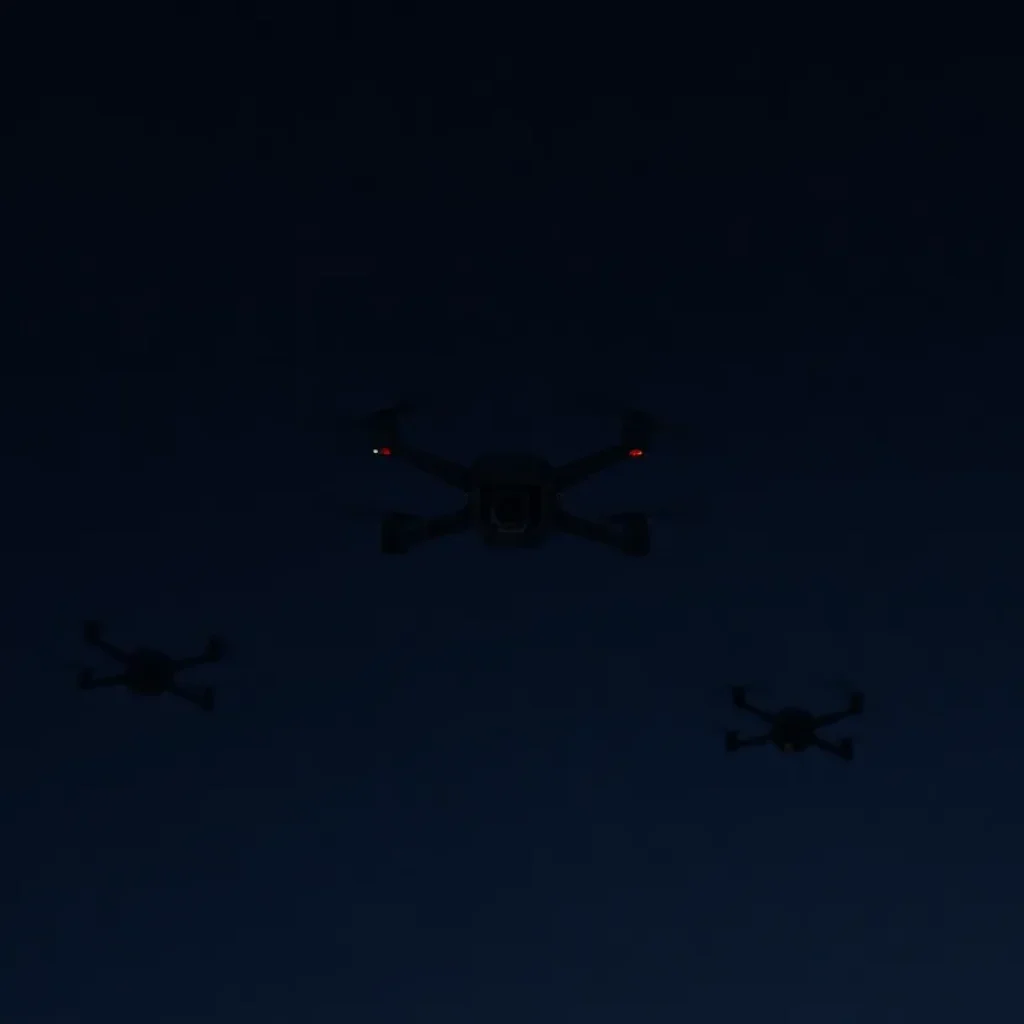 Drones hovering in a somber, empty night sky.