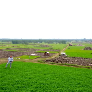 Devastated agricultural fields after hurricane destruction.